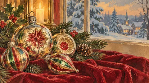 Mercury-glass Christmas ornaments on velvet – vintage christmas card illustration Frame TV art