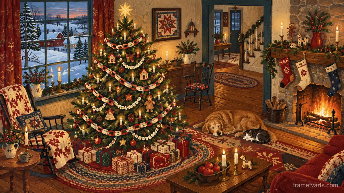 Christmas tree with paper chains and popcorn garland – americana folk painting Samsung Frame TV art, 4K