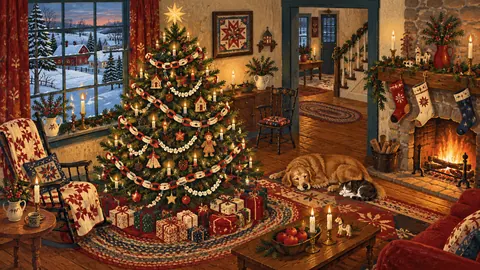 Christmas tree with paper chains and popcorn garland – americana folk painting Frame TV art