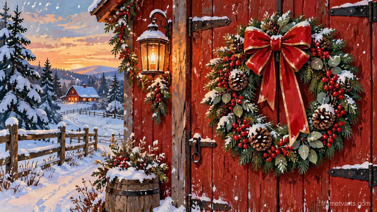 Christmas wreath on a red barn door in snow – decorative folk gouache Samsung Frame TV art, 4K