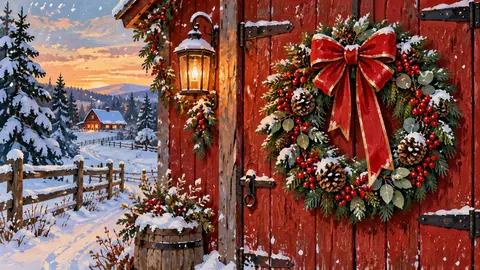 Christmas wreath on a red barn door in snow – decorative folk gouache Frame TV art