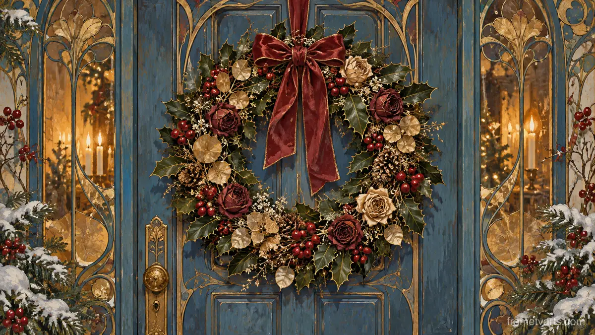 Christmas wreath of holly and dried roses on a blue door – decorative art nouveau painting Samsung Frame TV art, 4K
