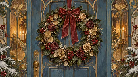 Christmas wreath of holly and dried roses on a blue door – decorative art nouveau painting Frame TV art