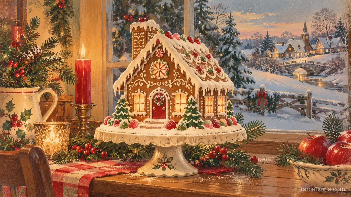 Gingerbread house with snowy icing on a cake stand – vintage christmas card illustration Samsung Frame TV art, 4K