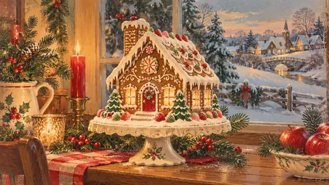 Gingerbread house with snowy icing on a cake stand – vintage christmas card illustration Frame TV art