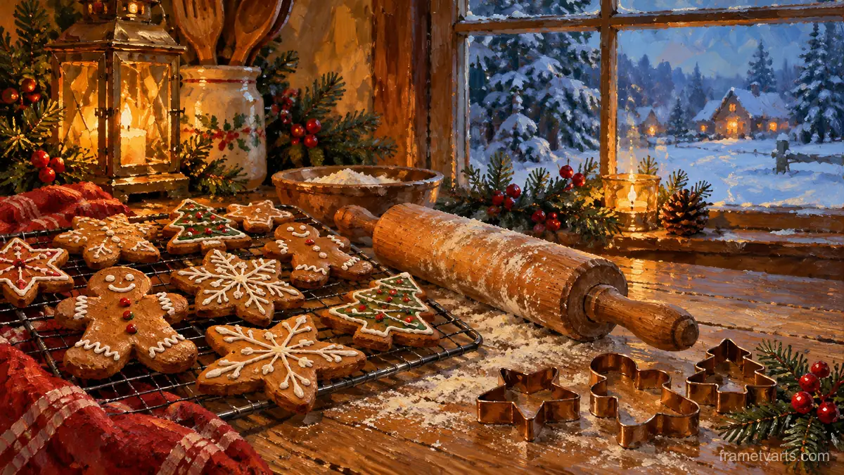 Gingerbread cookies cooling beside a rolling pin – tonal oil painting Samsung Frame TV art, 4K
