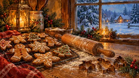 Gingerbread cookies cooling beside a rolling pin – tonal oil painting Frame TV art