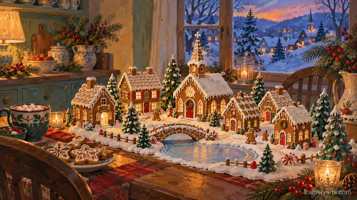 Gingerbread village on a kitchen table at dusk – storybook gouache Samsung Frame TV art, 4K