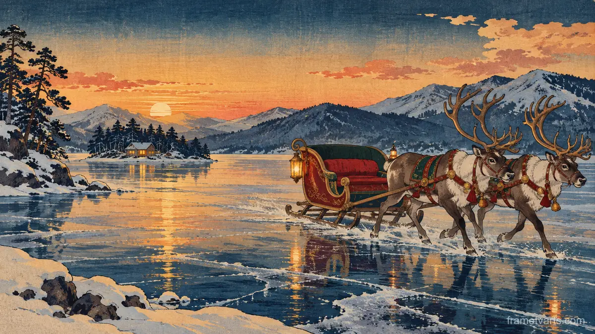Reindeer pulling an empty sleigh across a frozen lake – japanese-inspired woodblock print Samsung Frame TV art, 4K