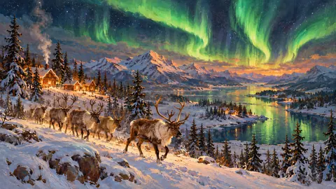 Reindeer herd under green northern lights – atmospheric oil painting Frame TV art