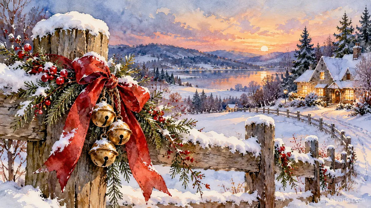Sleigh bells and red ribbon on a snowy fence post – loose watercolor Samsung Frame TV art, 4K