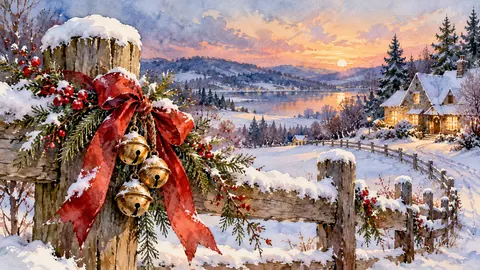 Sleigh bells and red ribbon on a snowy fence post – loose watercolor Frame TV art