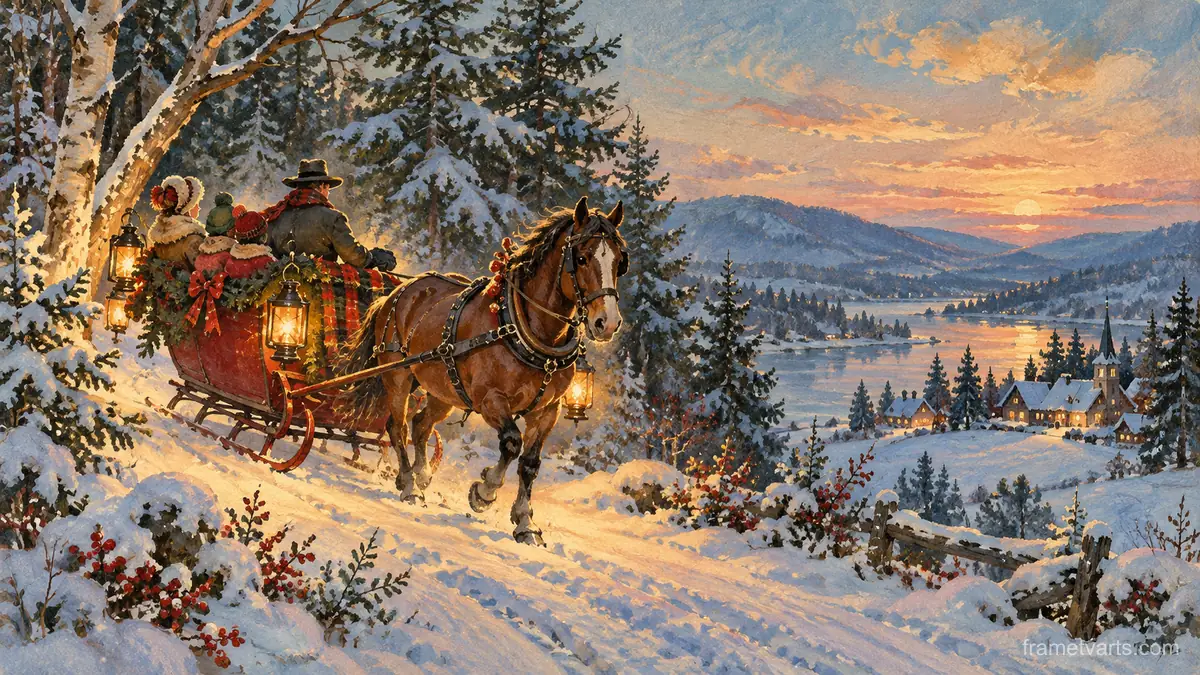 Horse-drawn sleigh with lanterns through a snowy wood – vintage christmas card illustration Samsung Frame TV art, 4K