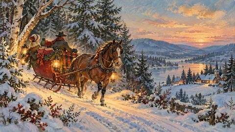 Horse-drawn sleigh with lanterns through a snowy wood – vintage christmas card illustration Frame TV art