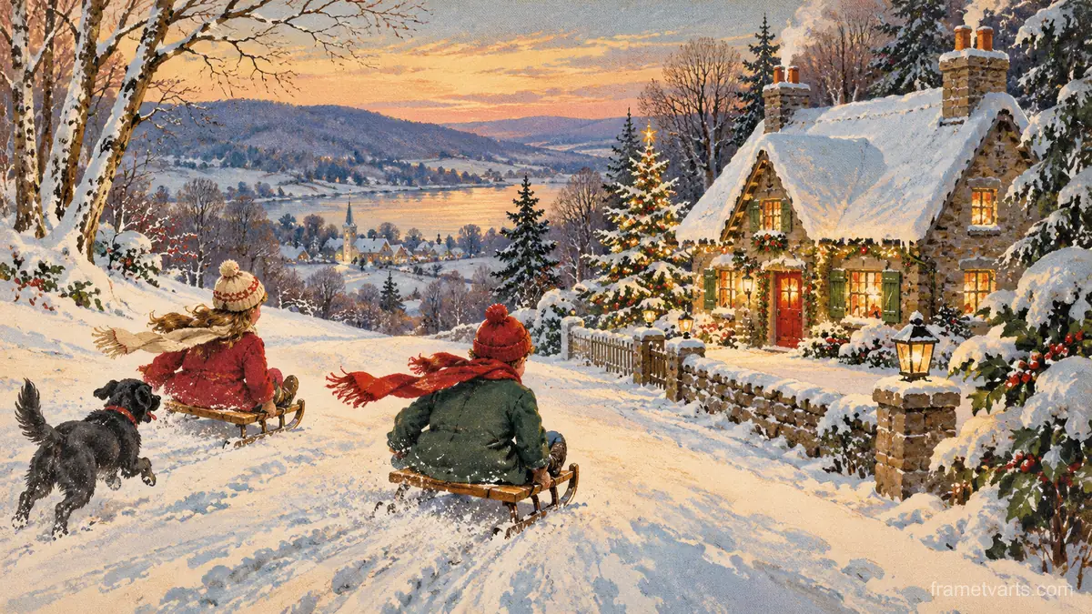 Children sledding past a Christmas cottage – vintage christmas card illustration Samsung Frame TV art, 4K