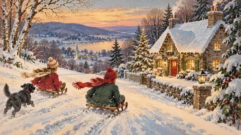 Children sledding past a Christmas cottage – vintage christmas card illustration Frame TV art