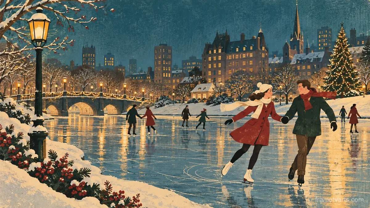 Skaters under Christmas lights on a city pond – retro mid-century illustration Samsung Frame TV art, 4K
