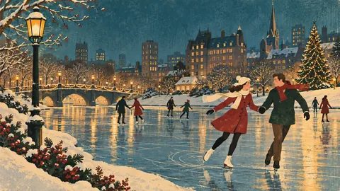 Skaters under Christmas lights on a city pond – retro mid-century illustration Frame TV art