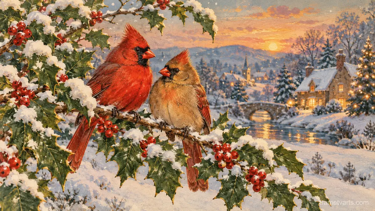 Christmas cardinal pair on a snowy holly branch – vintage christmas card illustration Samsung Frame TV art, 4K