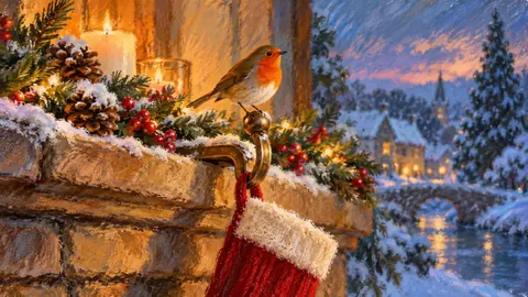 Christmas robin on a snow-capped stocking hook – chalk pastel study Frame TV art