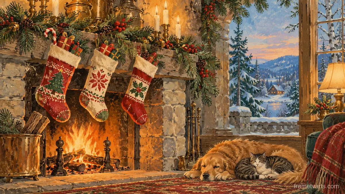 Christmas stockings hung on a stone mantel with pine – vintage christmas card illustration Samsung Frame TV art, 4K