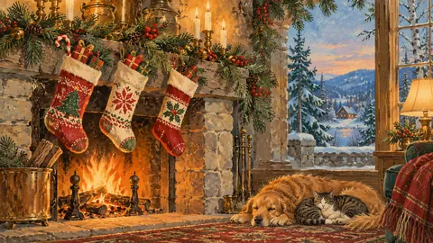 Christmas stockings hung on a stone mantel with pine – vintage christmas card illustration Frame TV art