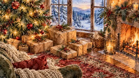 Christmas morning gifts wrapped in brown paper and twine – elegant watercolor Frame TV art