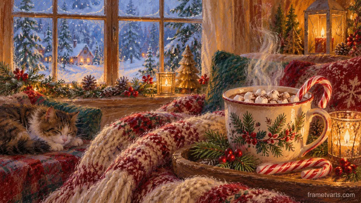 Christmas cocoa, candy canes and a knitted blanket – soft pastel drawing Samsung Frame TV art, 4K