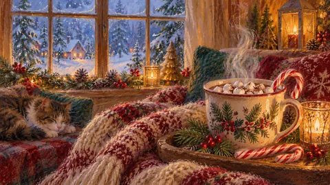 Christmas cocoa, candy canes and a knitted blanket – soft pastel drawing Frame TV art