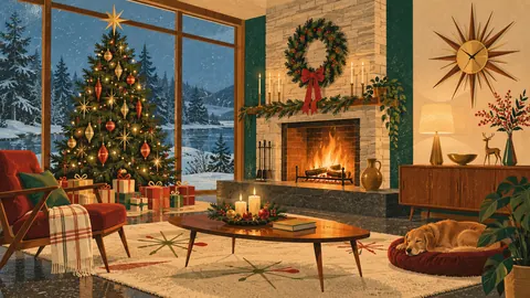 Mid-century Christmas living room with a starburst clock – retro mid-century illustration Frame TV art