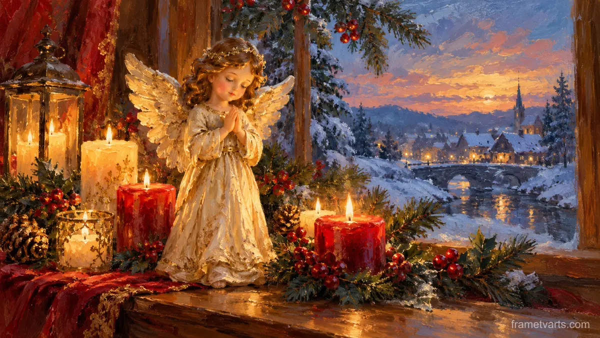 Christmas angel figurine among candles – atmospheric oil painting Samsung Frame TV art, 4K