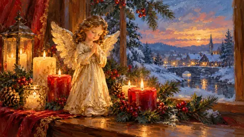 Christmas angel figurine among candles – atmospheric oil painting Frame TV art
