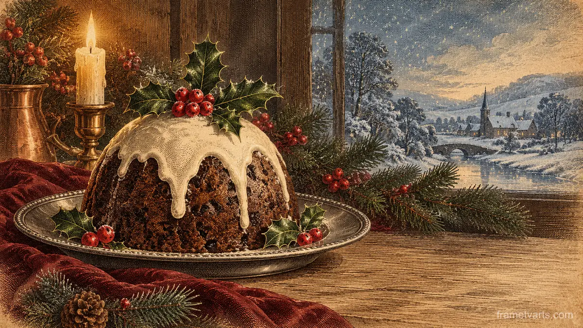 Christmas pudding with holly on a pewter plate – vintage plate engraving Samsung Frame TV art, 4K