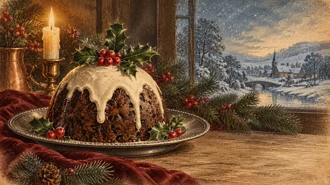 Christmas pudding with holly on a pewter plate – vintage plate engraving Frame TV art