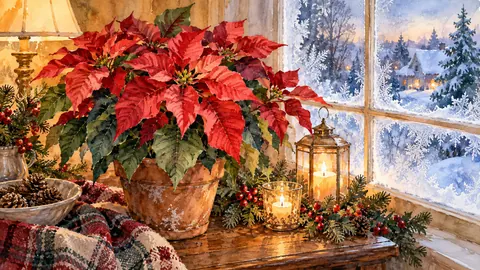 Christmas poinsettias in a terracotta pot by a frosted window – botanical watercolor Frame TV art