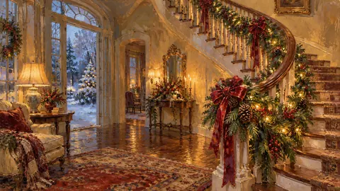 Christmas evergreen garland on a curved staircase – impressionist oil painting Frame TV art