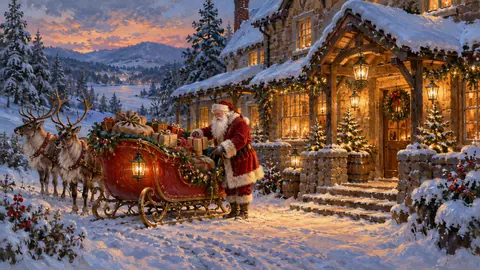Santa's sleigh parked outside a snowy country inn – atmospheric oil painting Frame TV art