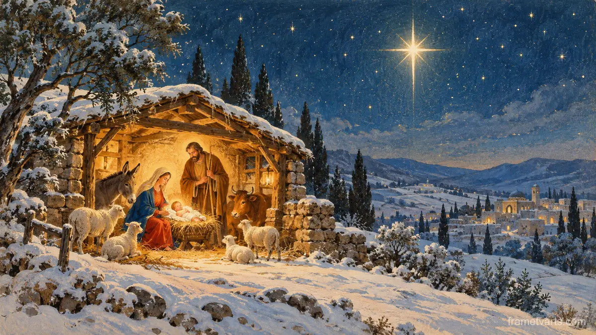 Nativity stable glowing on a snowy hill at night – vintage christmas card illustration Samsung Frame TV art, 4K