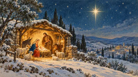 Nativity stable glowing on a snowy hill at night – vintage christmas card illustration Frame TV art