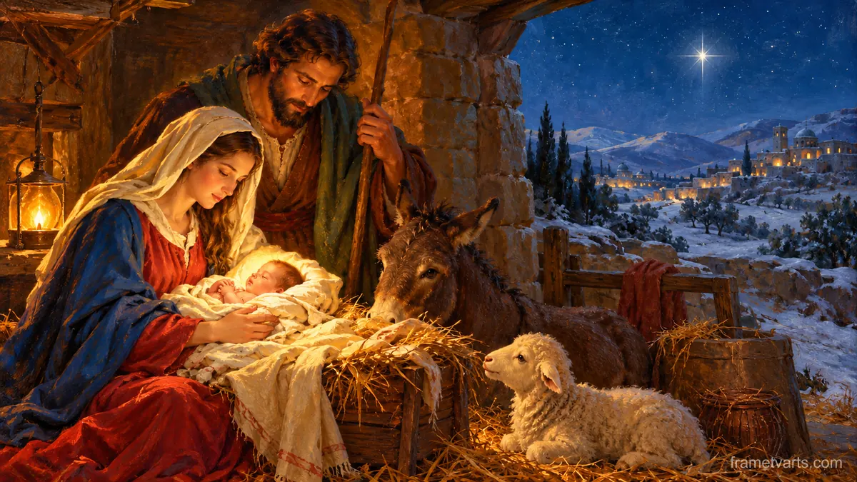 Nativity with Mary, Joseph and the Child in warm lamplight – classical devotional oil painting Samsung Frame TV art, 4K