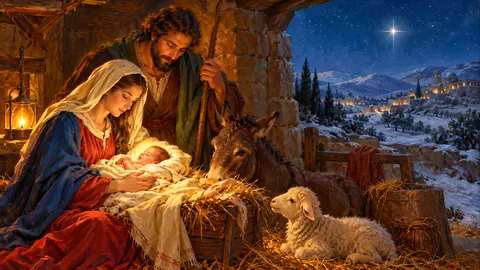 Nativity with Mary, Joseph and the Child in warm lamplight – classical devotional oil painting Frame TV art