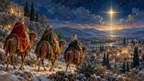 Three wise men on camels following a bright star – atmospheric oil painting Frame TV art