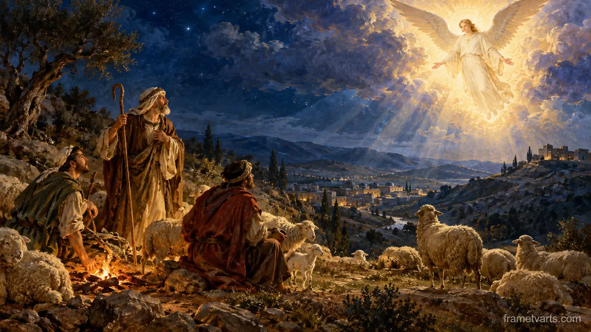 Shepherds and sheep seeing an angel over the hills – classical devotional oil painting Samsung Frame TV art, 4K