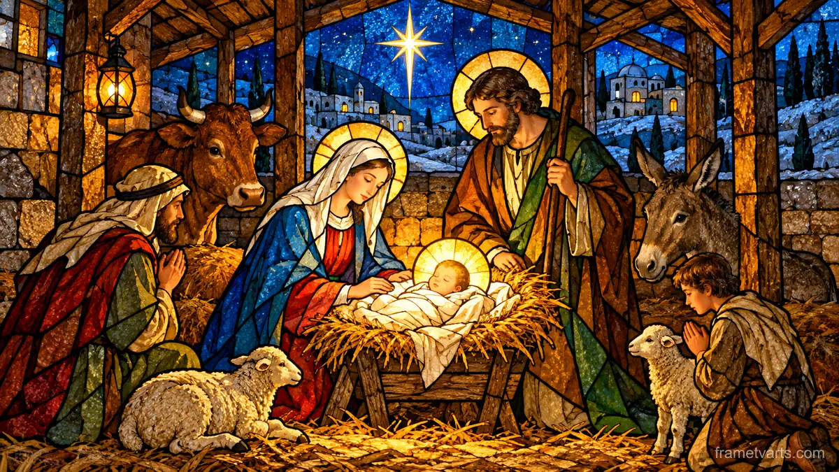 Nativity in luminous stained glass – luminous stained glass design Samsung Frame TV art, 4K