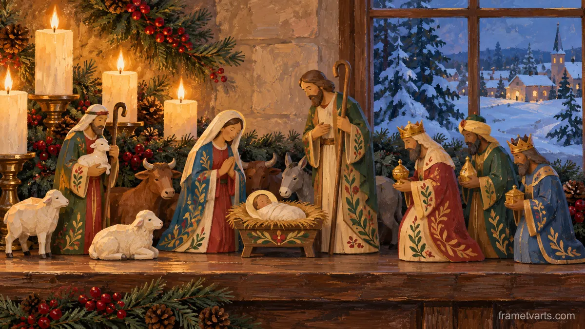 Nativity figures carved in wood on a mantel – decorative folk gouache Samsung Frame TV art, 4K