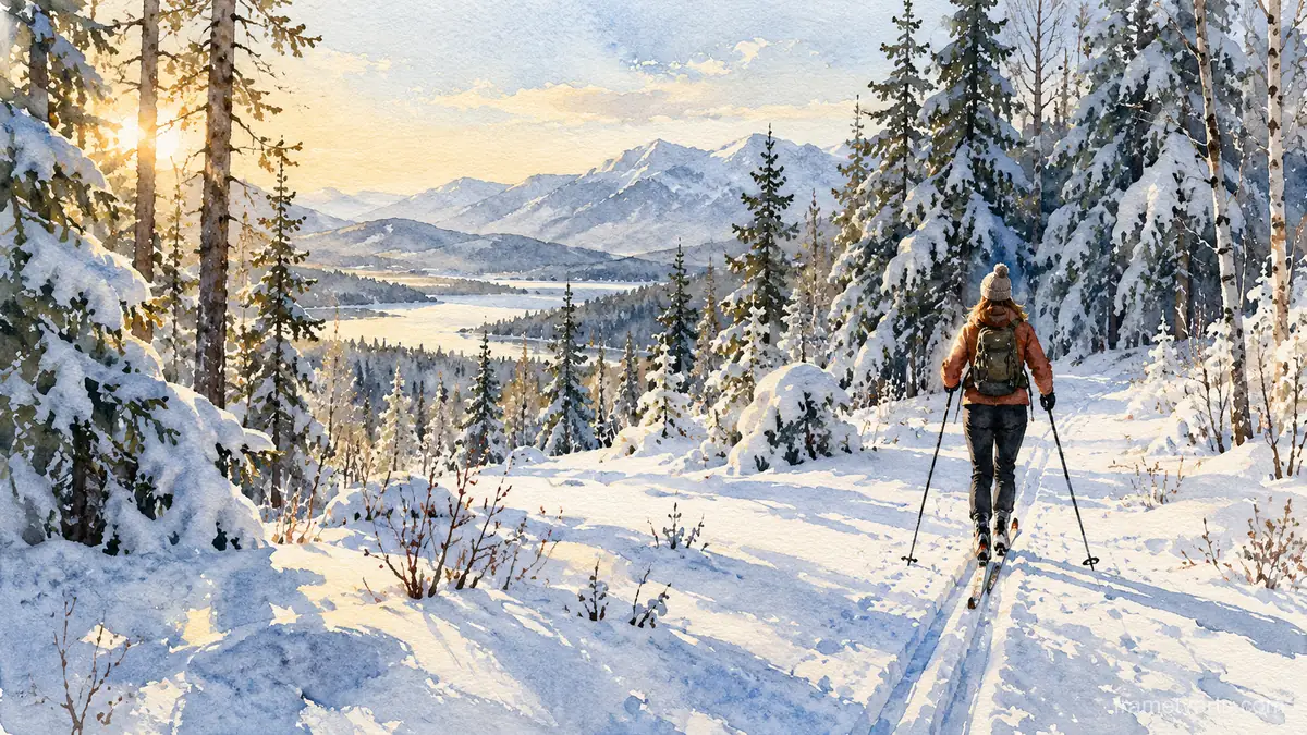 Cross-country skier on a snowy forest trail – loose watercolor Samsung Frame TV art, 4K