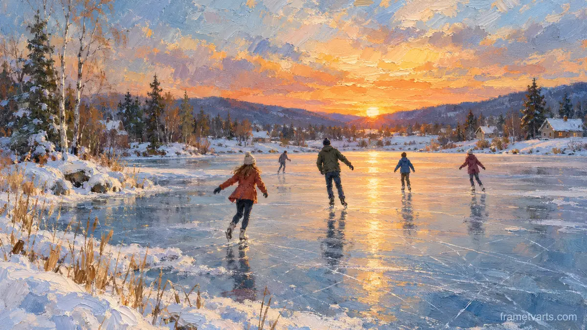 Skaters on a frozen pond at sunset – impressionist oil painting Samsung Frame TV art, 4K