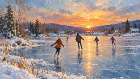 Skaters on a frozen pond at sunset – impressionist oil painting Frame TV art