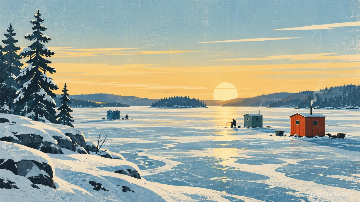 Frozen lake with ice-fishing huts at dawn – retro mid-century illustration Samsung Frame TV art, 4K