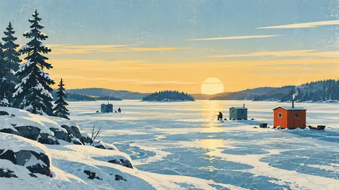 Frozen lake with ice-fishing huts at dawn – retro mid-century illustration Frame TV art